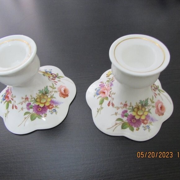 ROYAL WORCESTER SPODE CANDLE STICK HOLDERS BONE CHINA ENGLAND HAMMERSLEY FLORAL - Picture 1 of 8